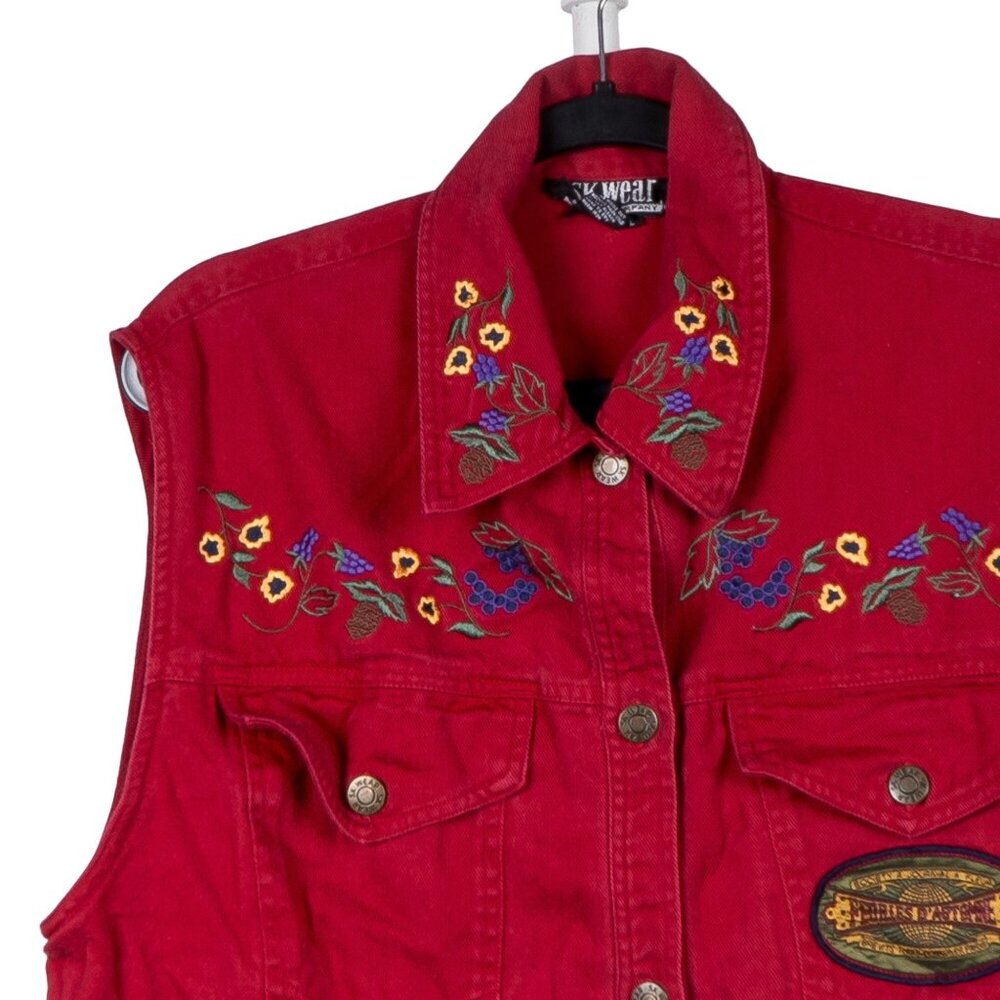 Boho Jean Vest VTG L Denim Red Buttons Embroidered Floral Grapes Indie Festival - Picture 2 of 6